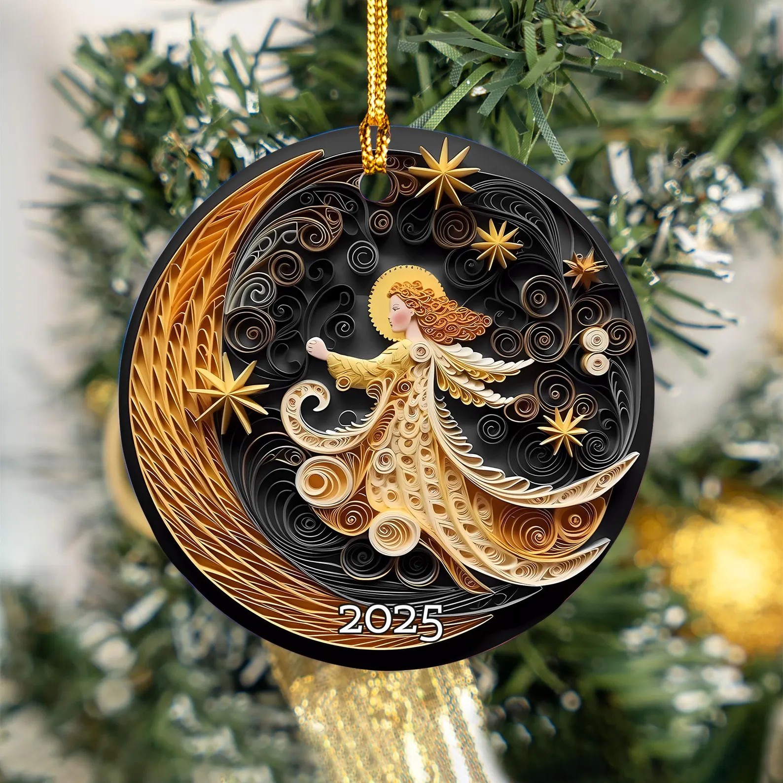 🌙Angel Girl & Moon Plane 3D Effect Christmas Ornament✨