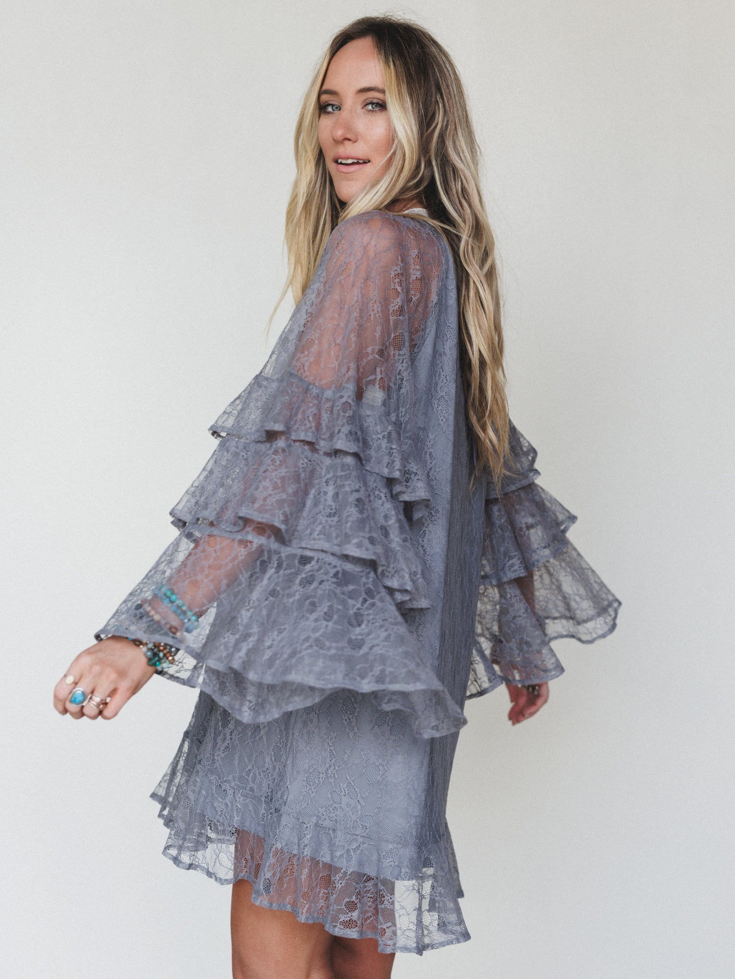Rana Bell Lace Sleeve Dress - Grey