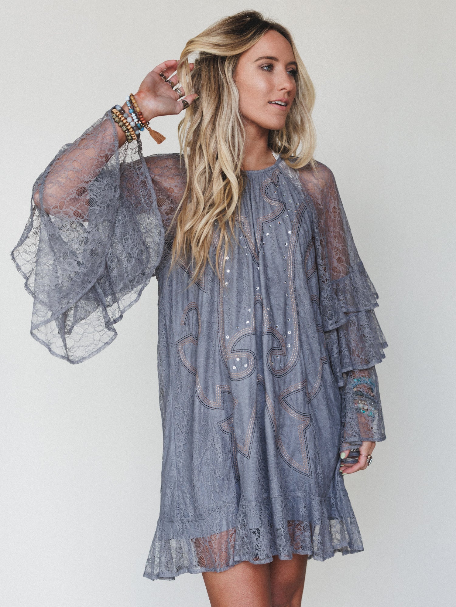 Rana Bell Lace Sleeve Dress - Grey