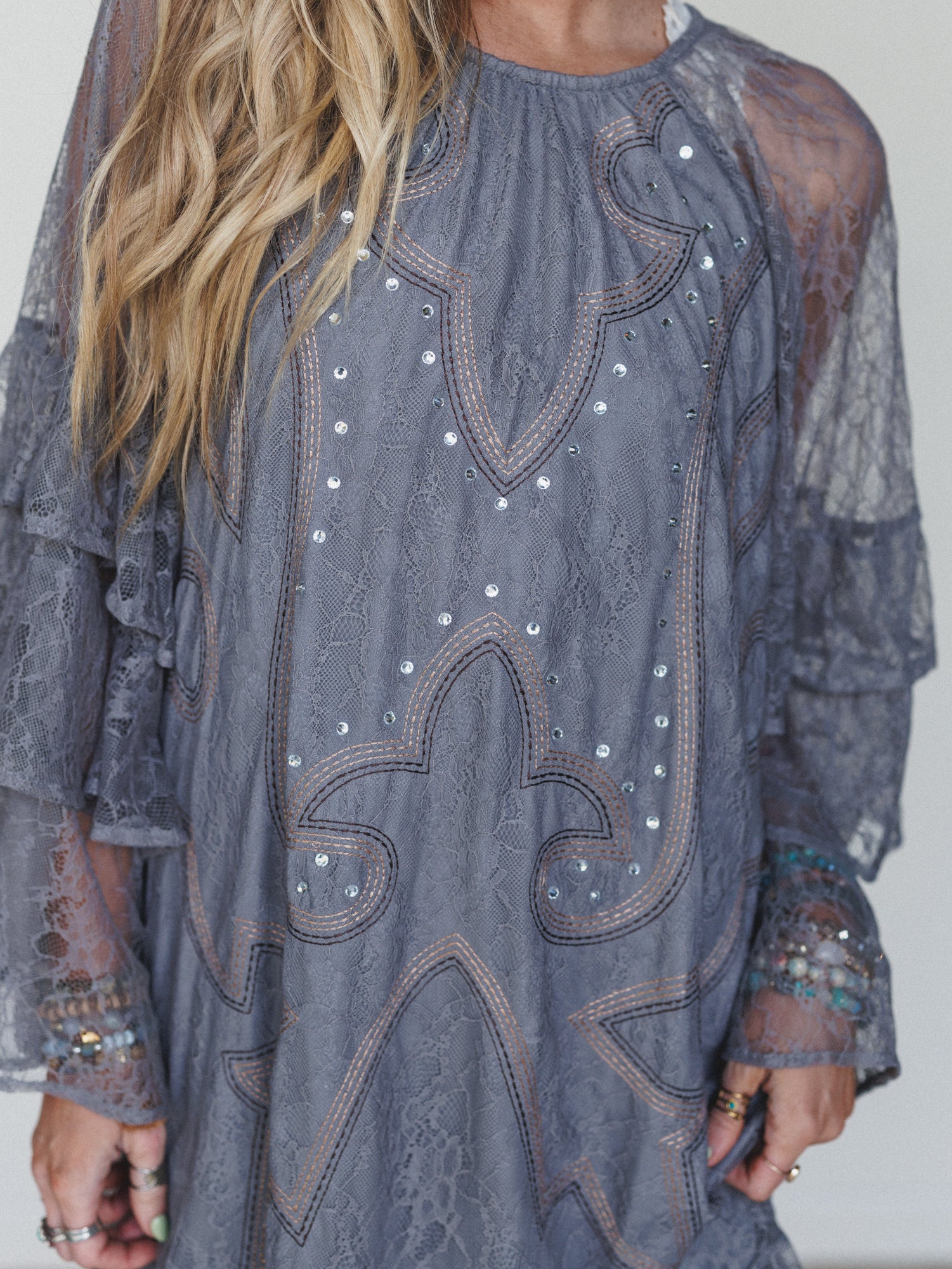 Rana Bell Lace Sleeve Dress - Grey