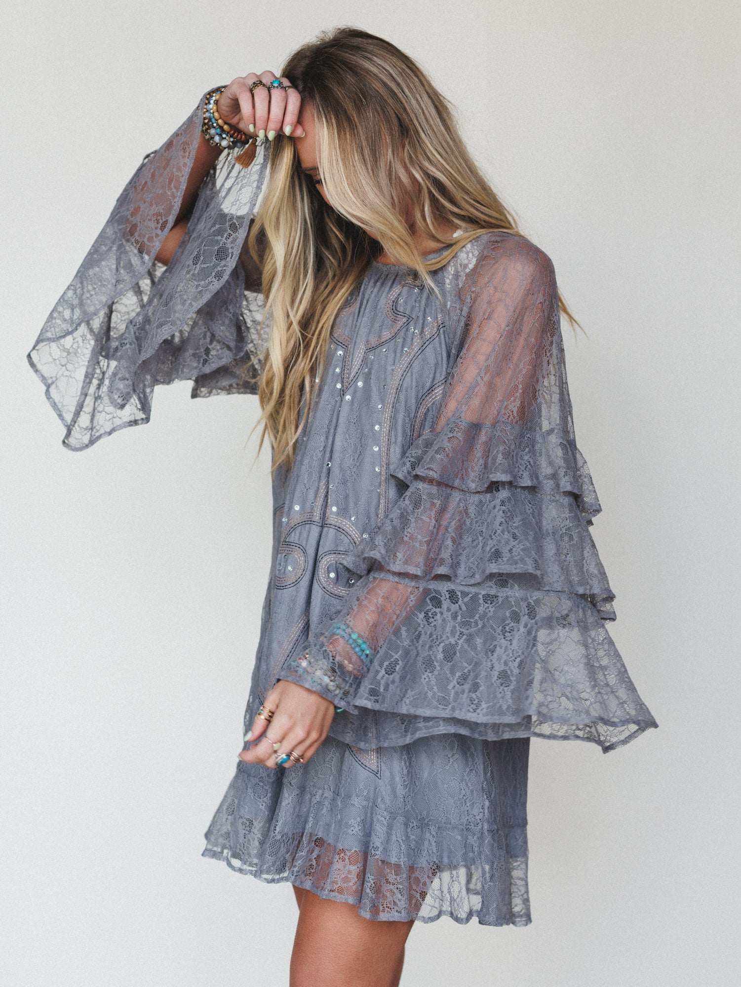 Rana Bell Lace Sleeve Dress - Grey