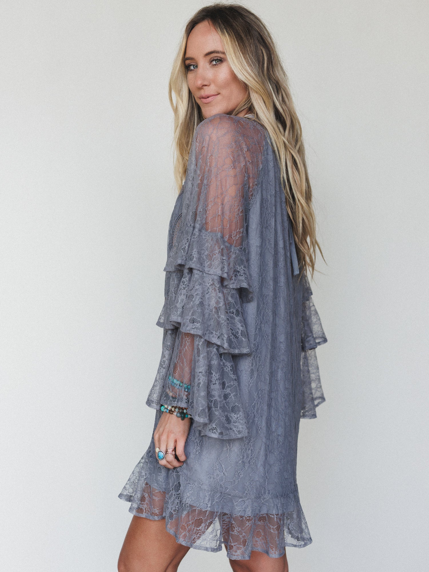 Rana Bell Lace Sleeve Dress - Grey
