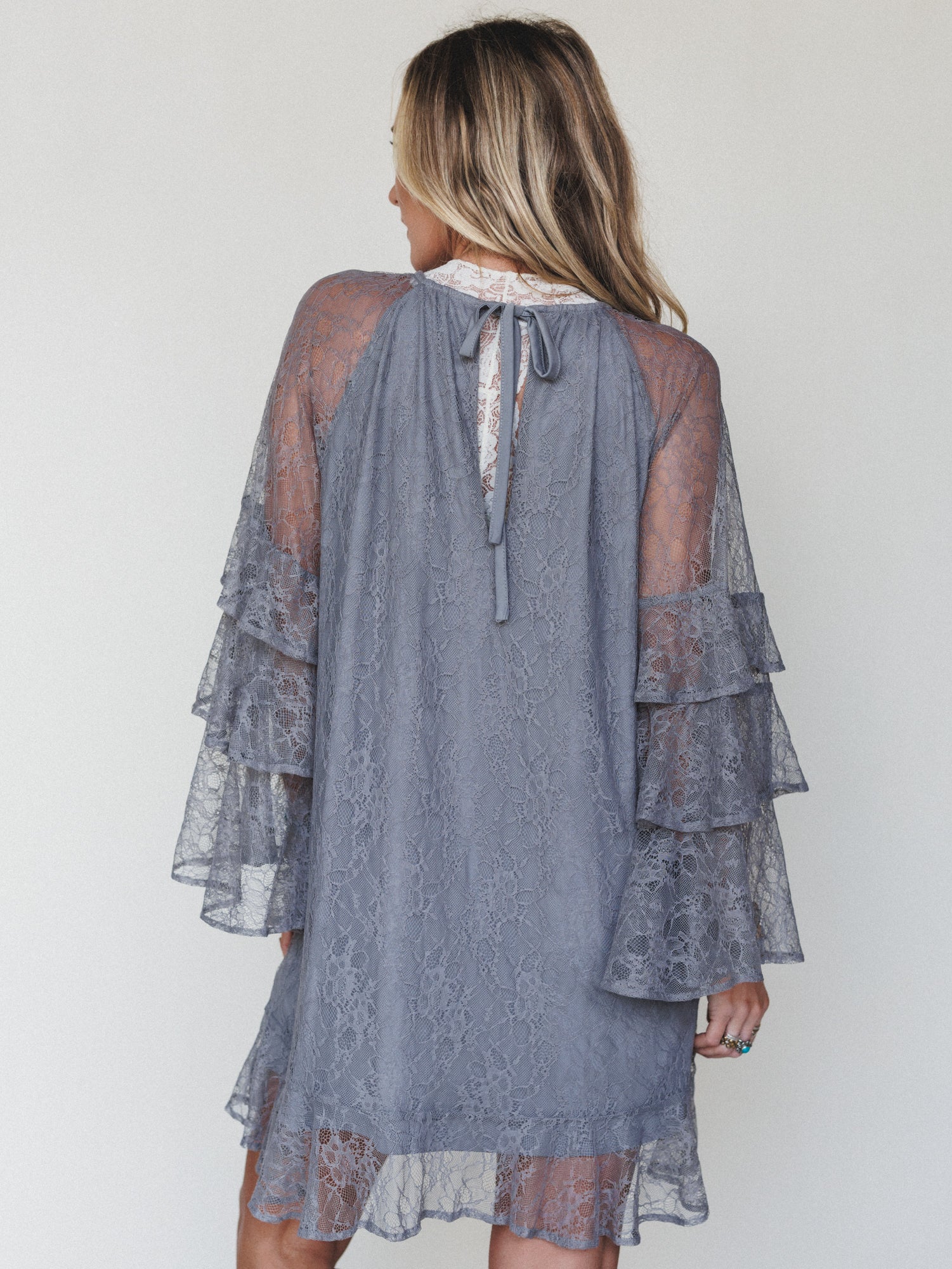 Rana Bell Lace Sleeve Dress - Grey