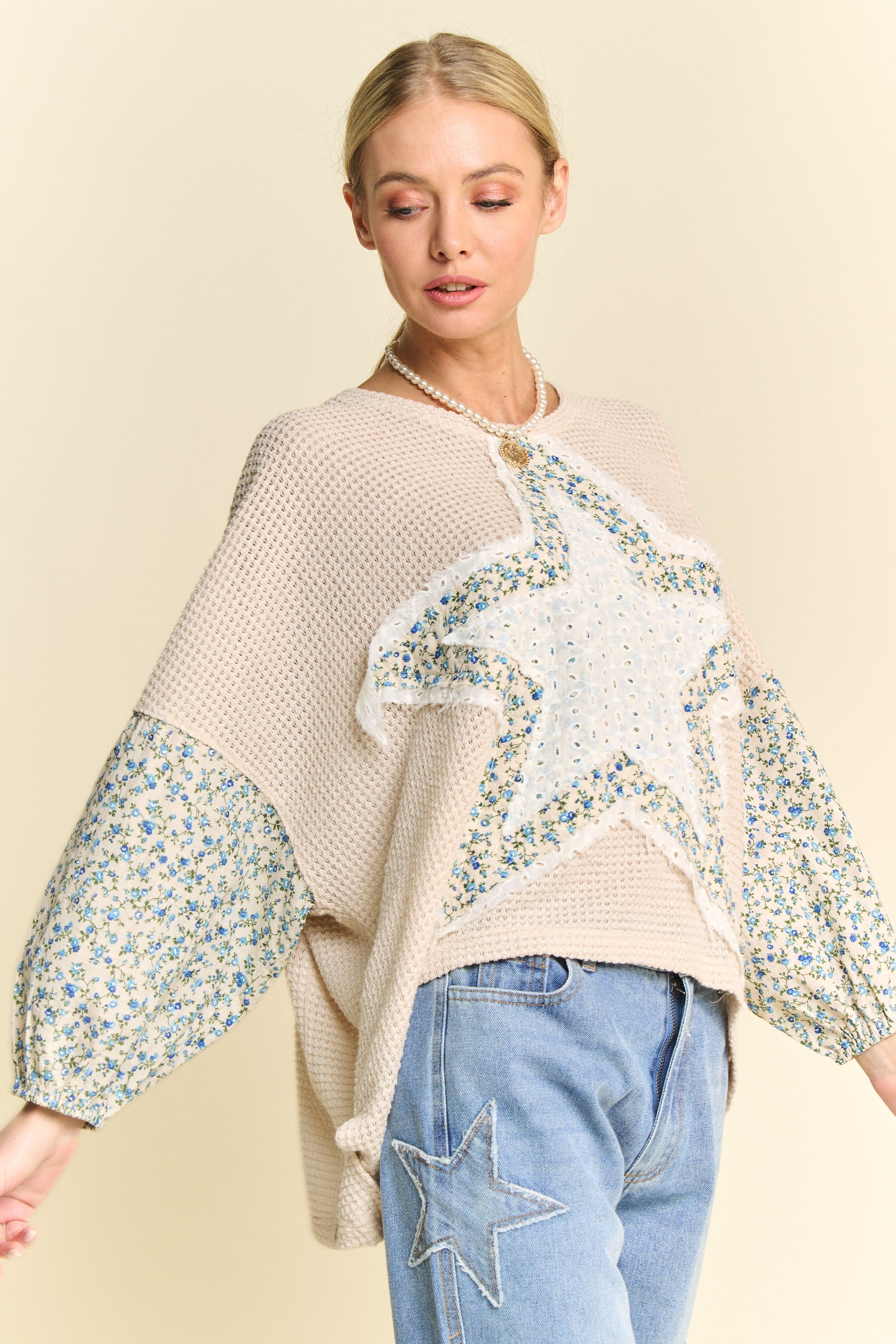 Zippylighters Waffle Knit Top with Multi Star Patched Front in Beige
