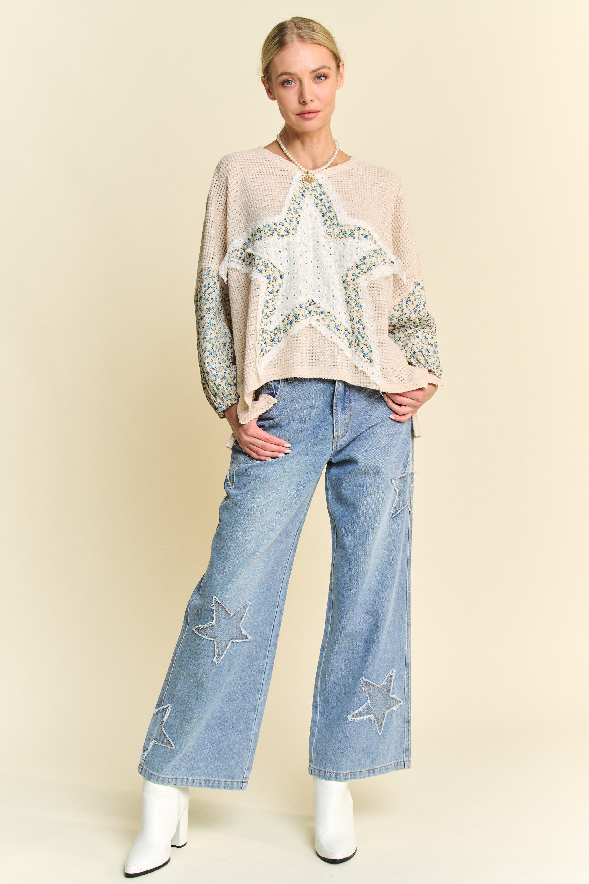 Zippylighters Waffle Knit Top with Multi Star Patched Front in Beige