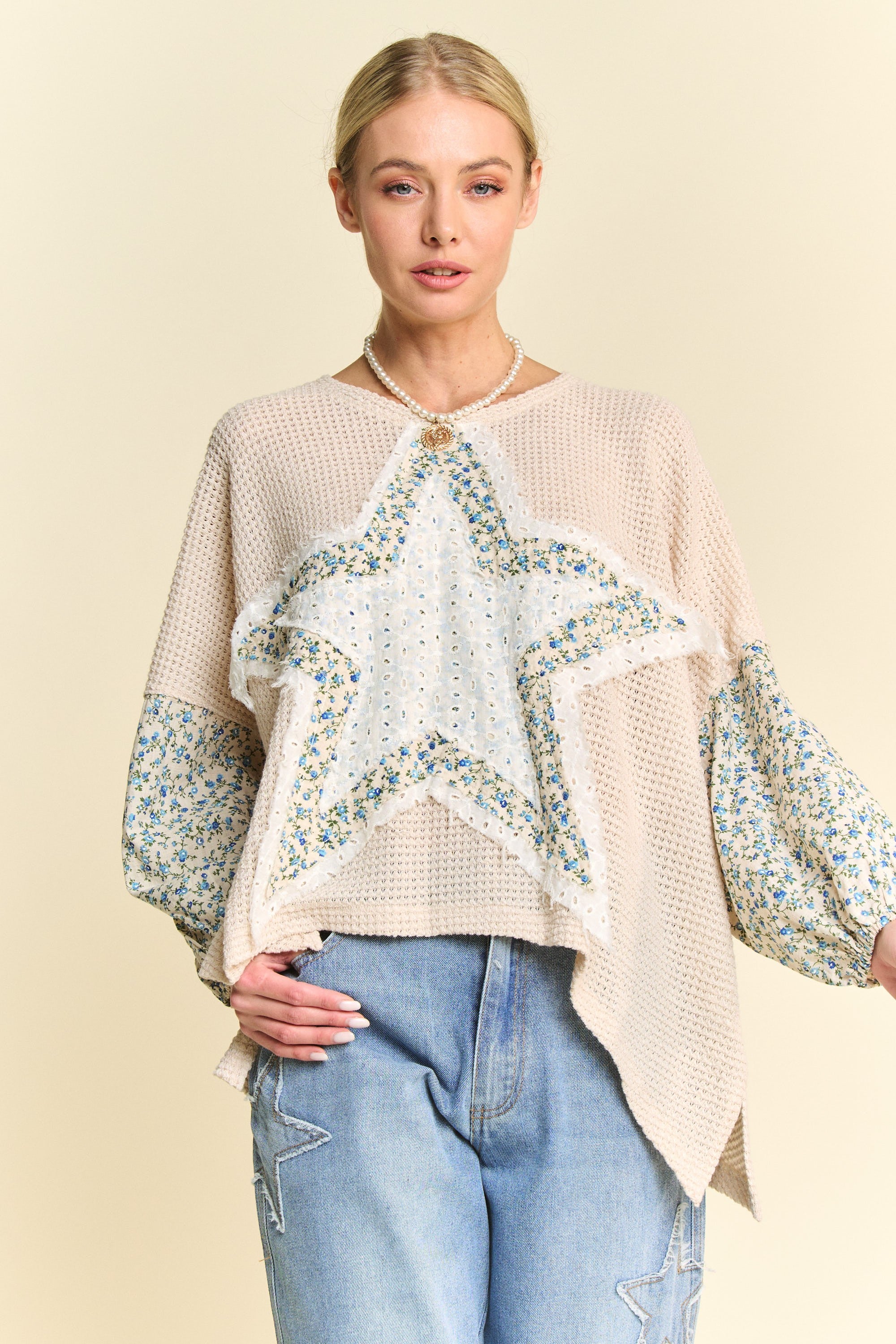 Zippylighters Waffle Knit Top with Multi Star Patched Front in Beige