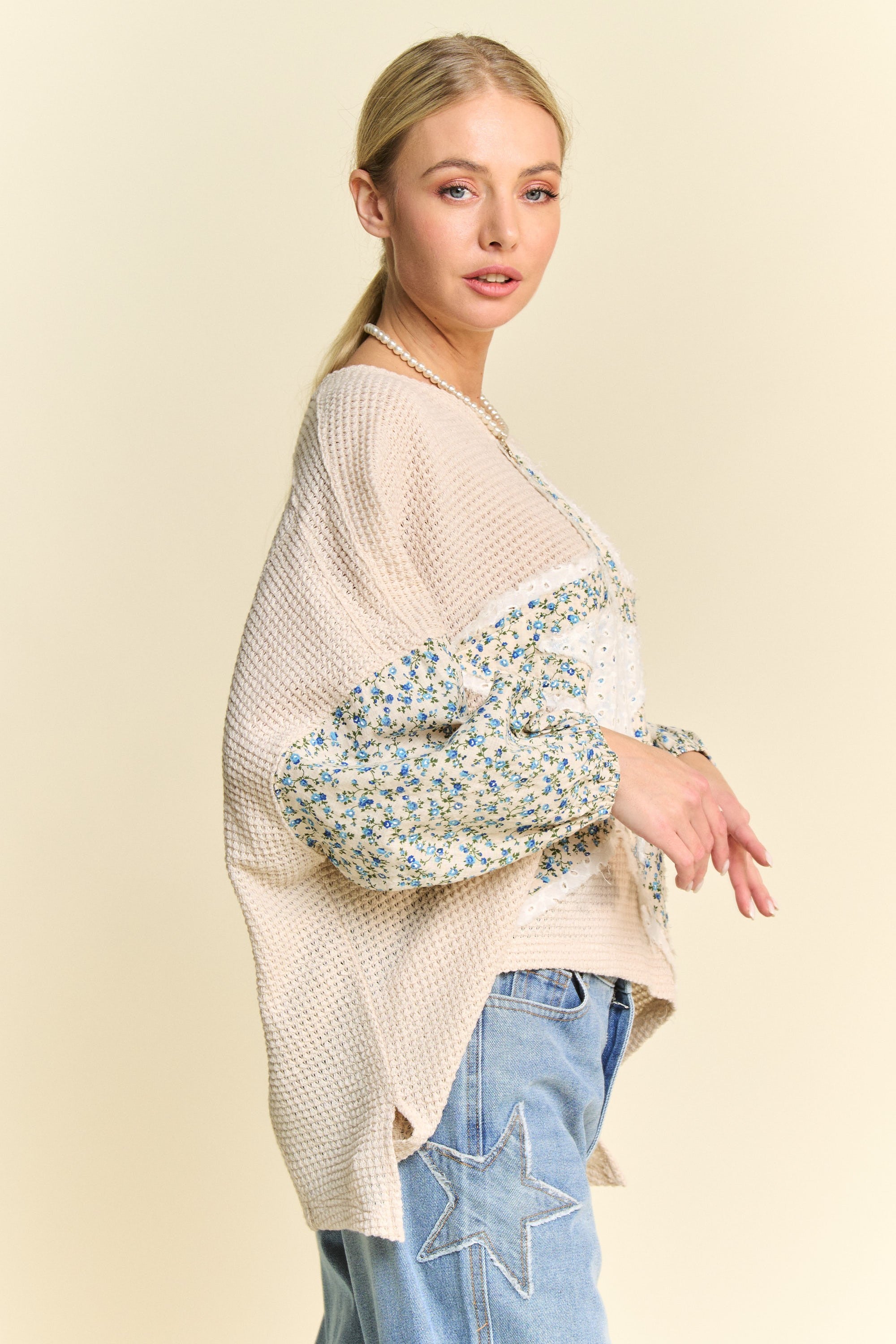 Zippylighters Waffle Knit Top with Multi Star Patched Front in Beige