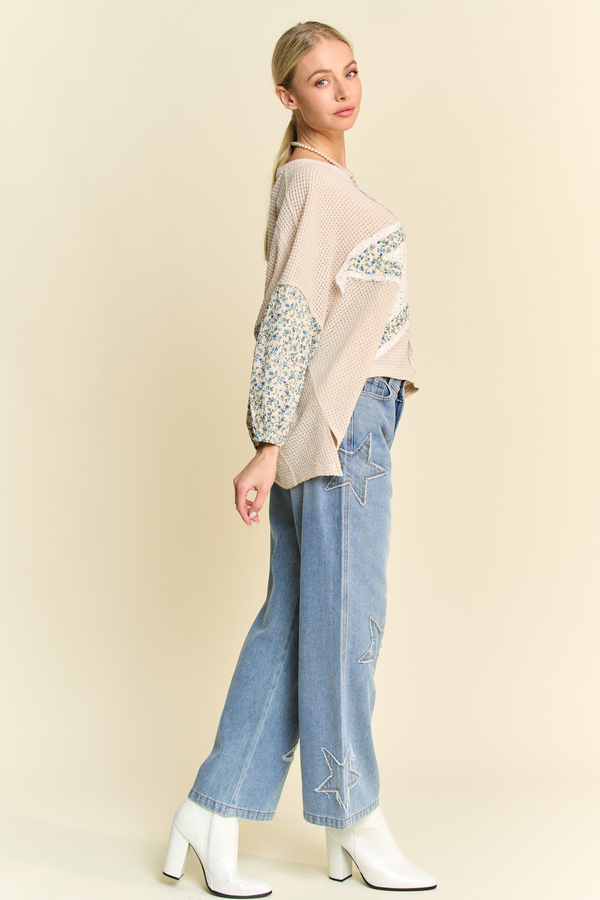 Zippylighters Waffle Knit Top with Multi Star Patched Front in Beige