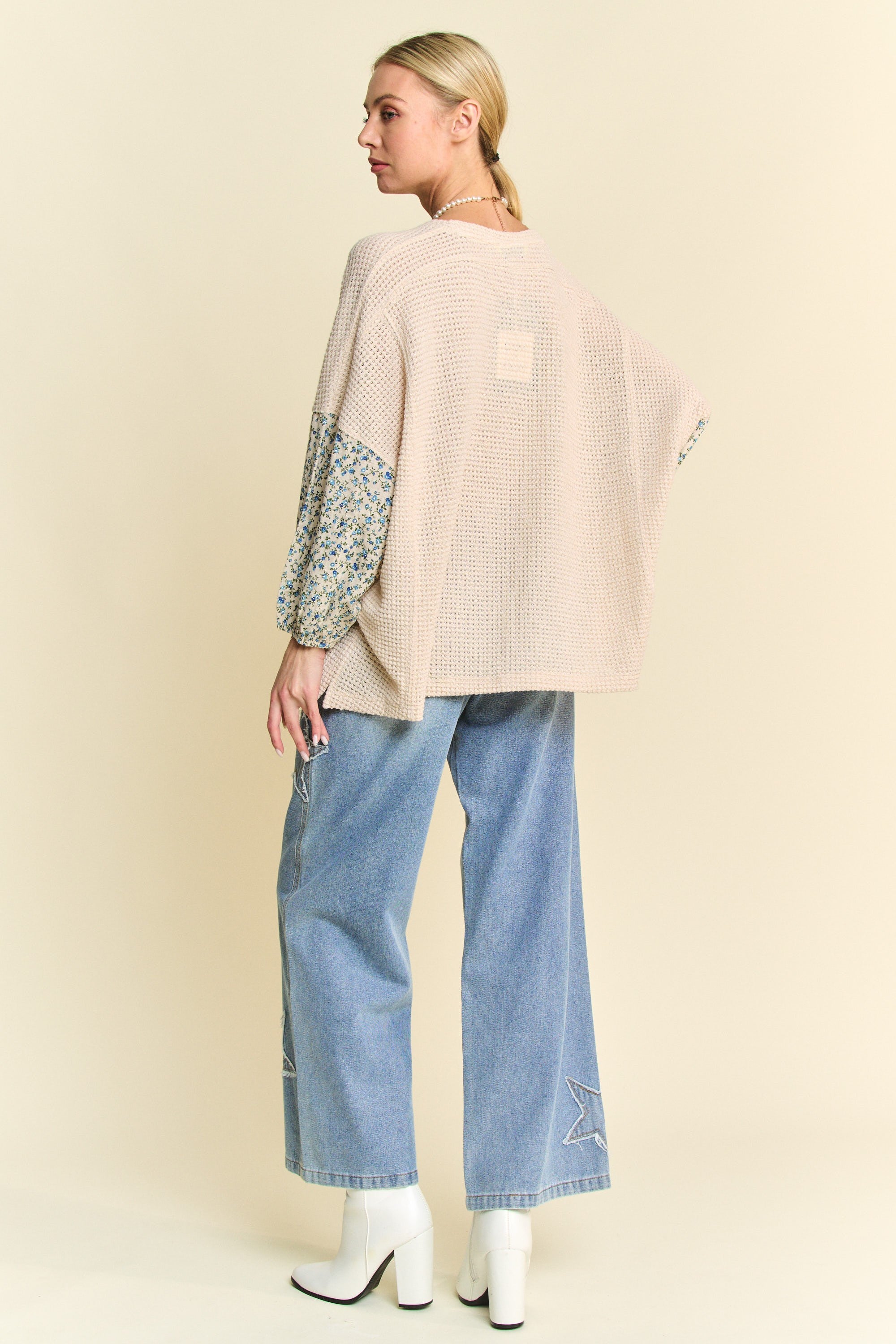 Zippylighters Waffle Knit Top with Multi Star Patched Front in Beige