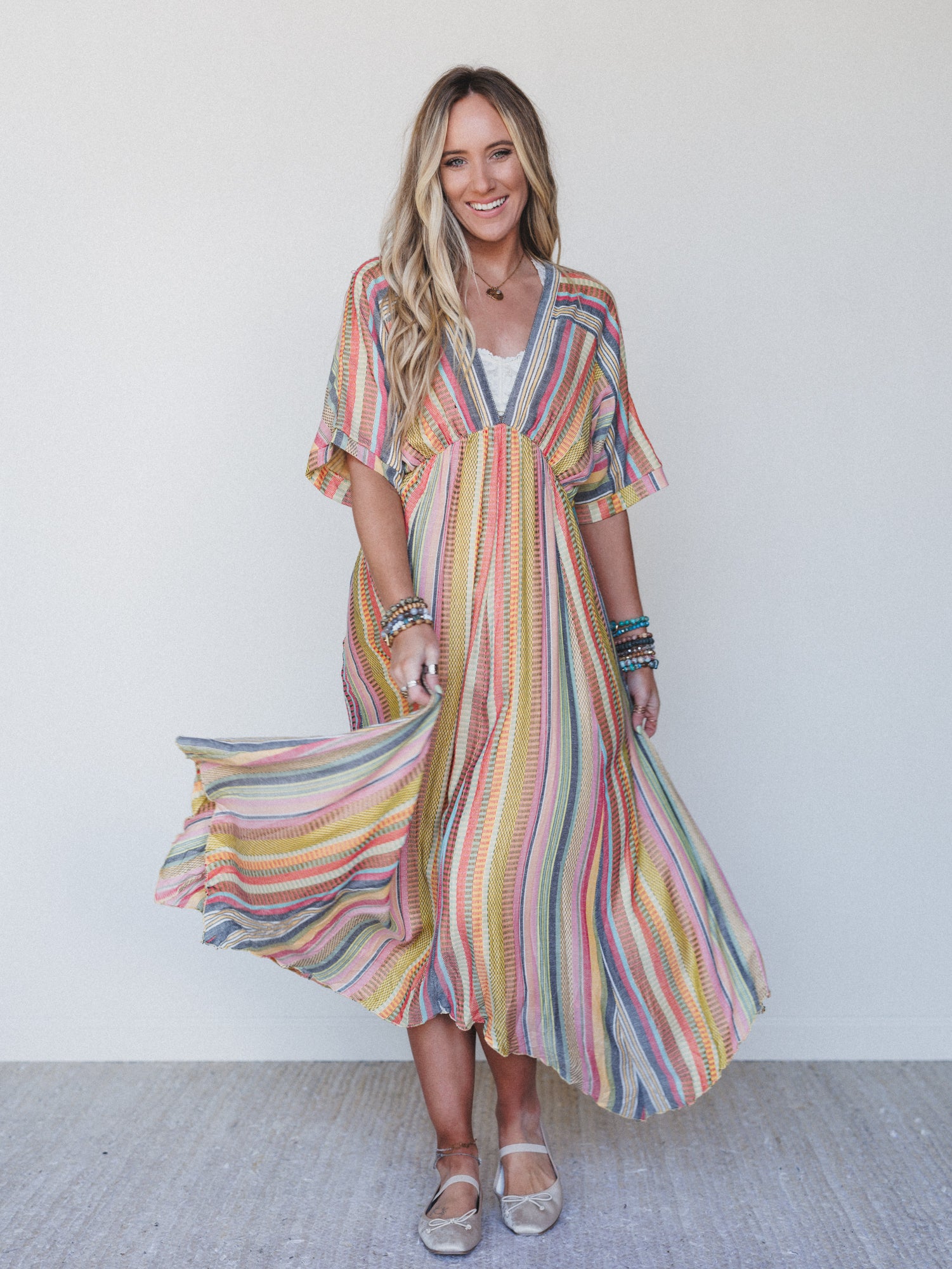 Island Tan V Neck Maxi Dress - Yellow Multi