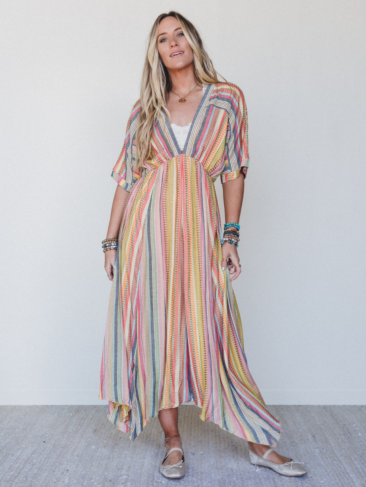 Island Tan V Neck Maxi Dress - Yellow Multi