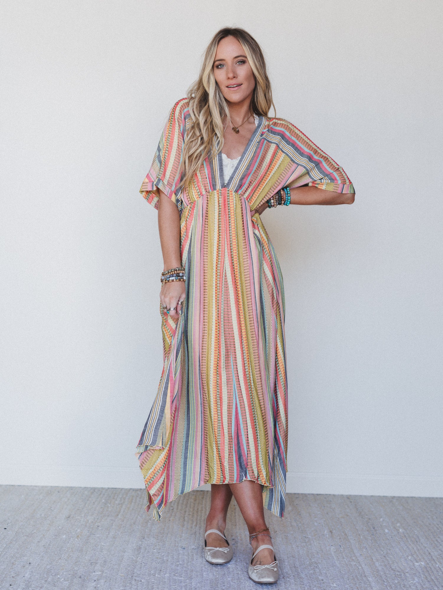 Island Tan V Neck Maxi Dress - Yellow Multi