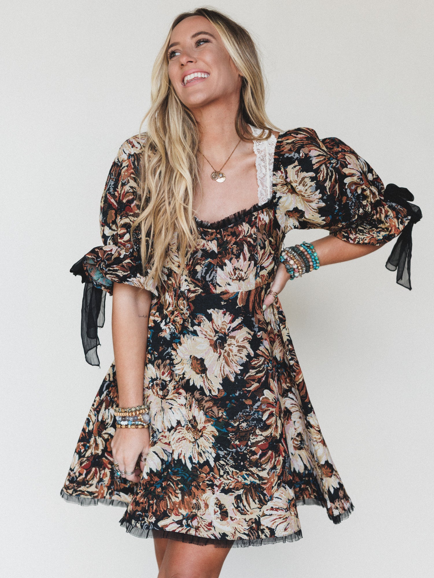 Softly Falling Floral Dress - Black