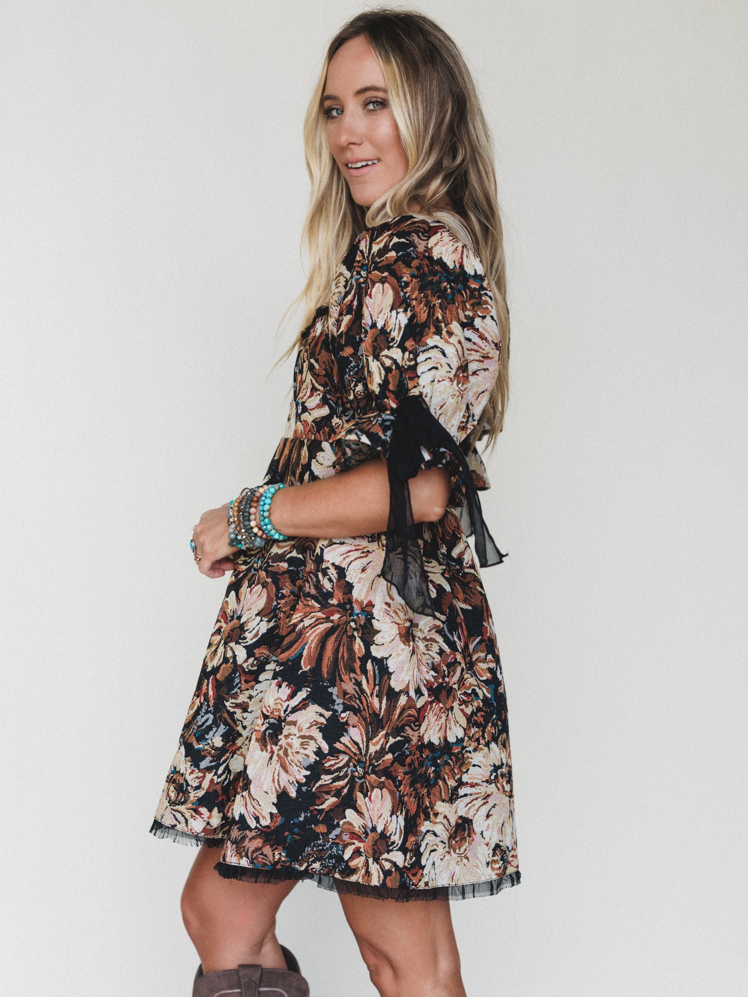 Softly Falling Floral Dress - Black