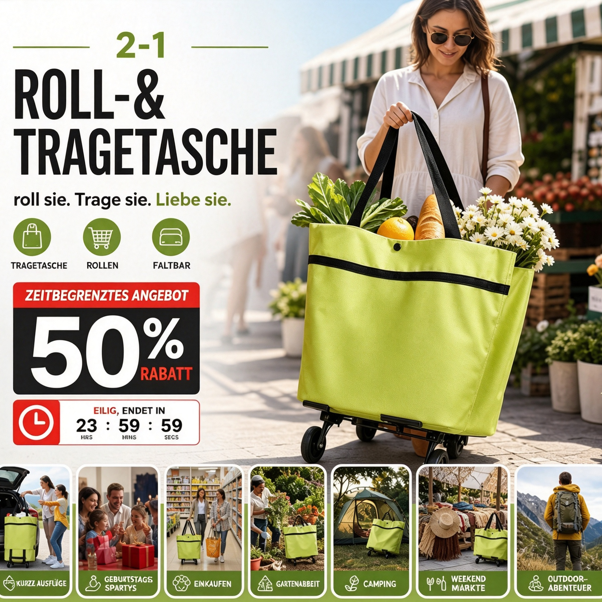 🔥HEISSER SALE – 60 % RABATT🔥 Faltbare 2-in-1-Einkaufstasche