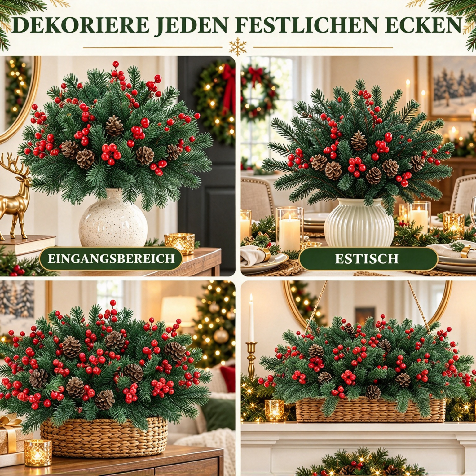 🎄 Letzter Tag – 60 % RABATT 🏆 Künstliche Norfolk-Kiefer mit Beeren und Kiefernzapfen