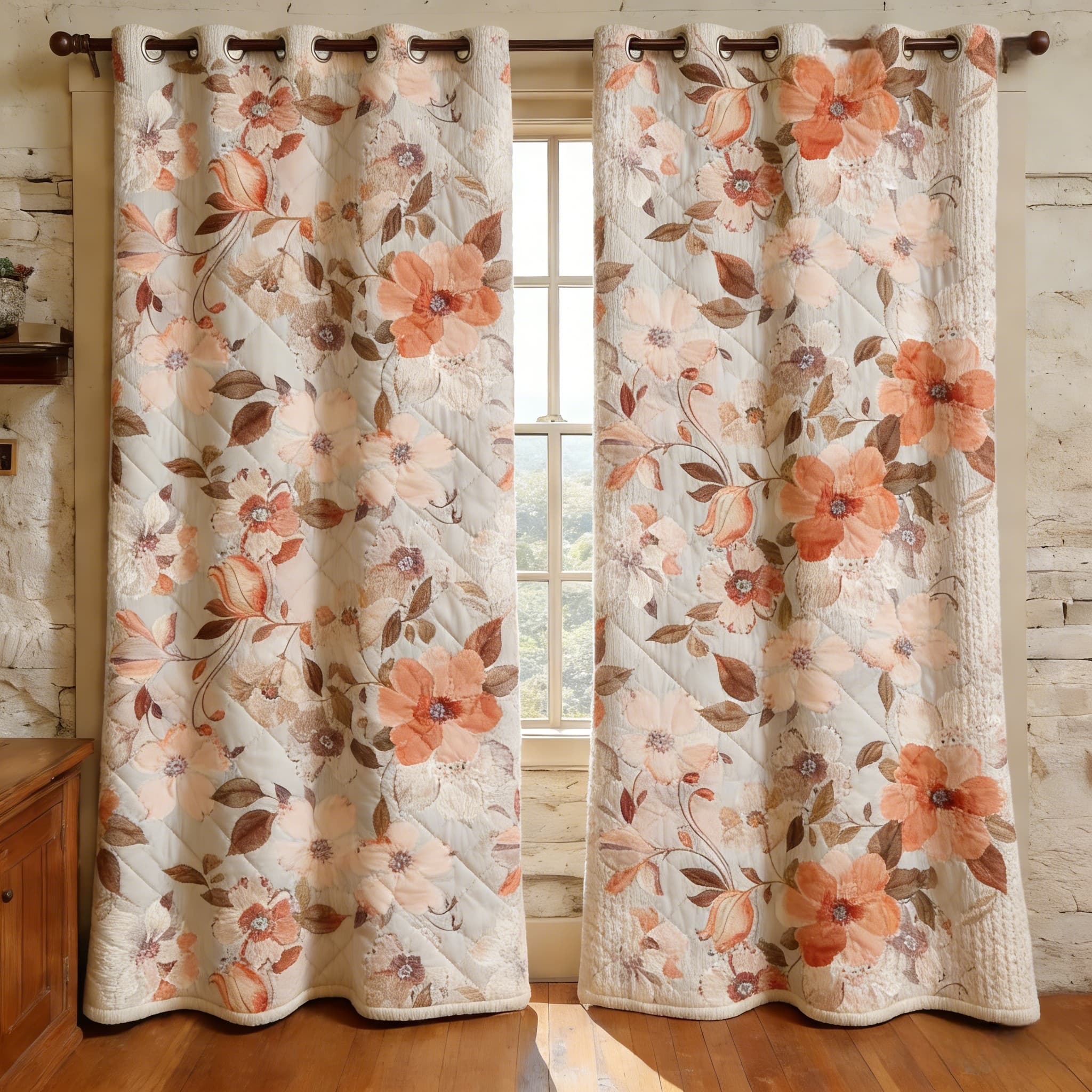Blush & Peach Floral Garden Embroidered Knitwear Quilted Curtains