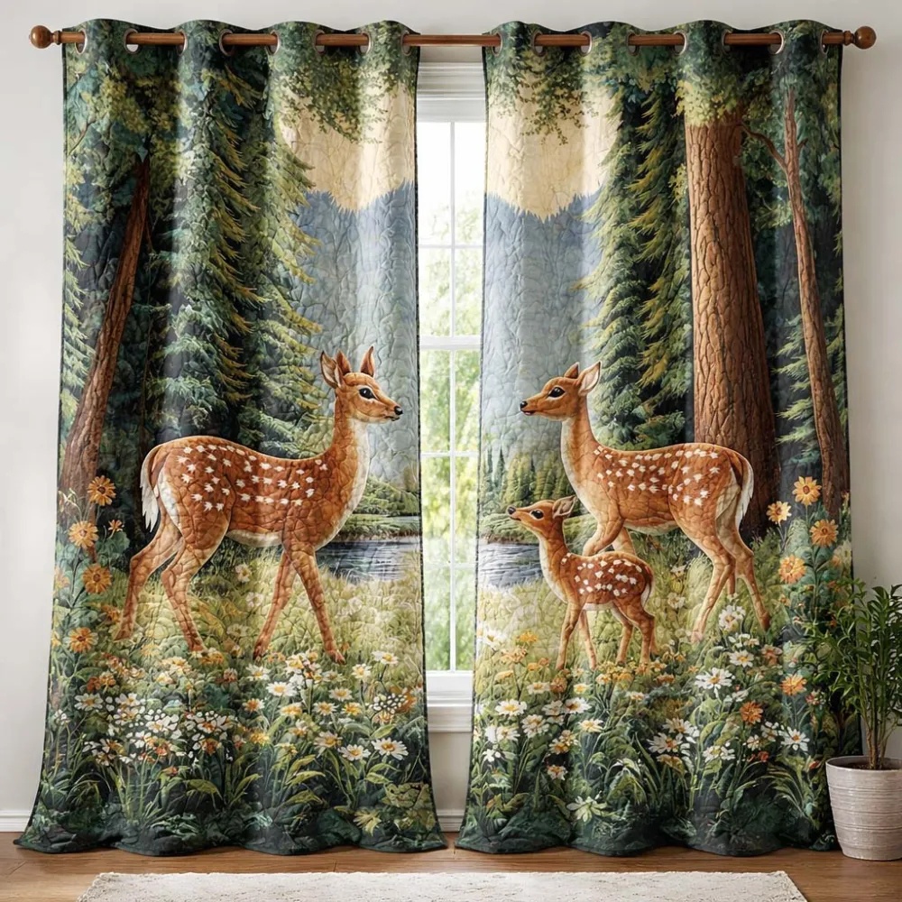 Woodland Deer Family & Forest Stream Embroidered Knitwear Quilted Curtains