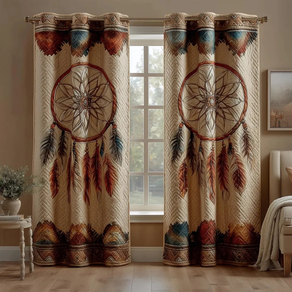Bohemian Dreamcatcher & Feather Border Embroidered Knitwear Quilted Curtains