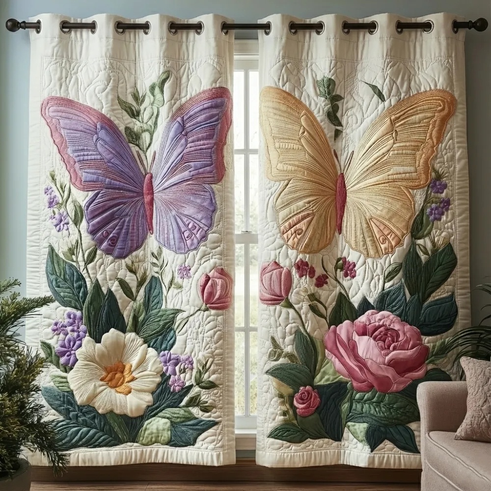 Purple & Gold Butterfly Floral Embroidered Knitwear Quilted Curtains