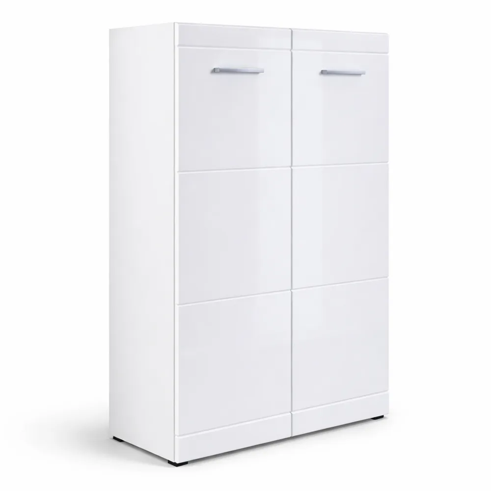Armoire à chaussures blanche avec façades brillantes et rainures, 90 x 120 x 36 cm