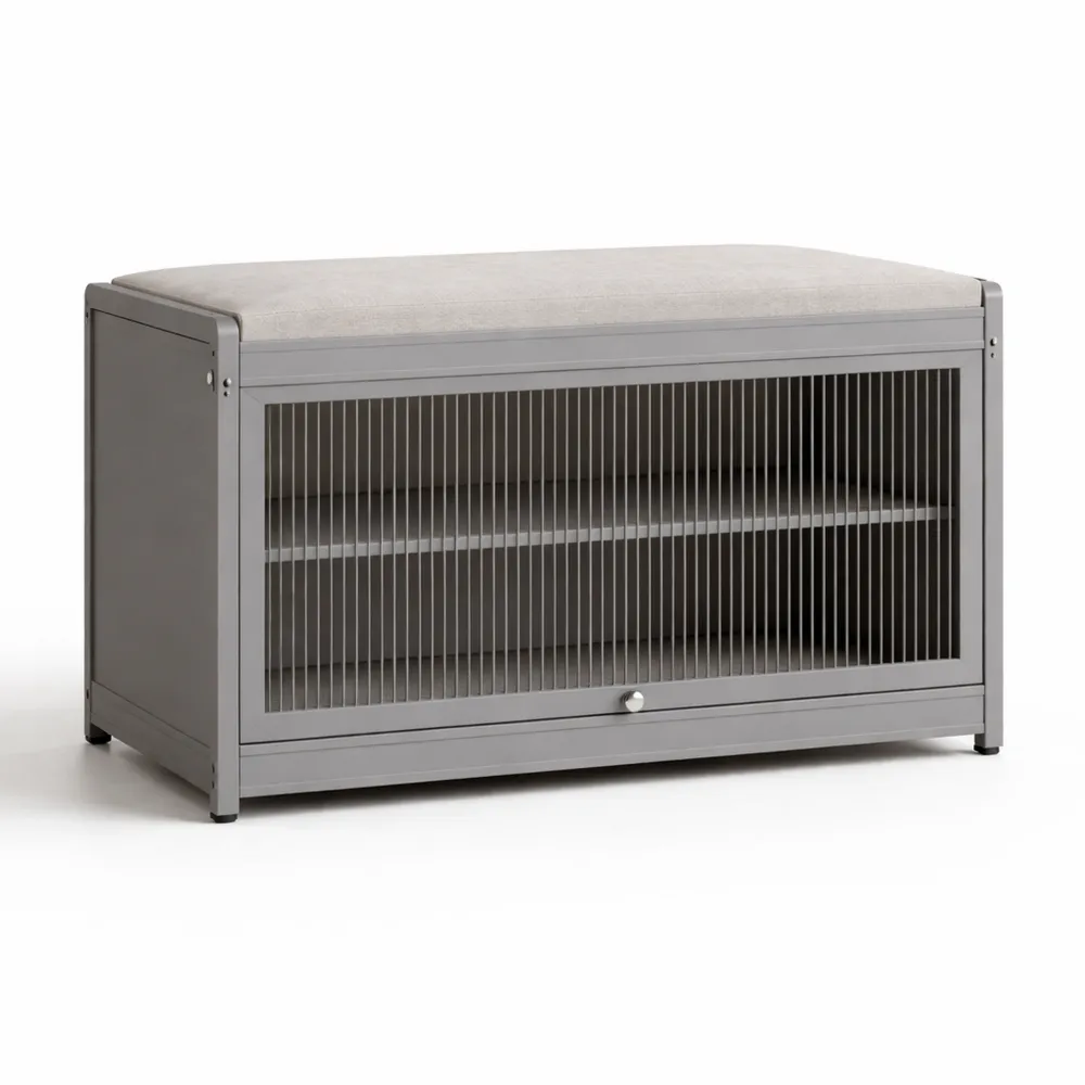 Banc à chaussures avec deux compartiments et porte transparente pour entrée