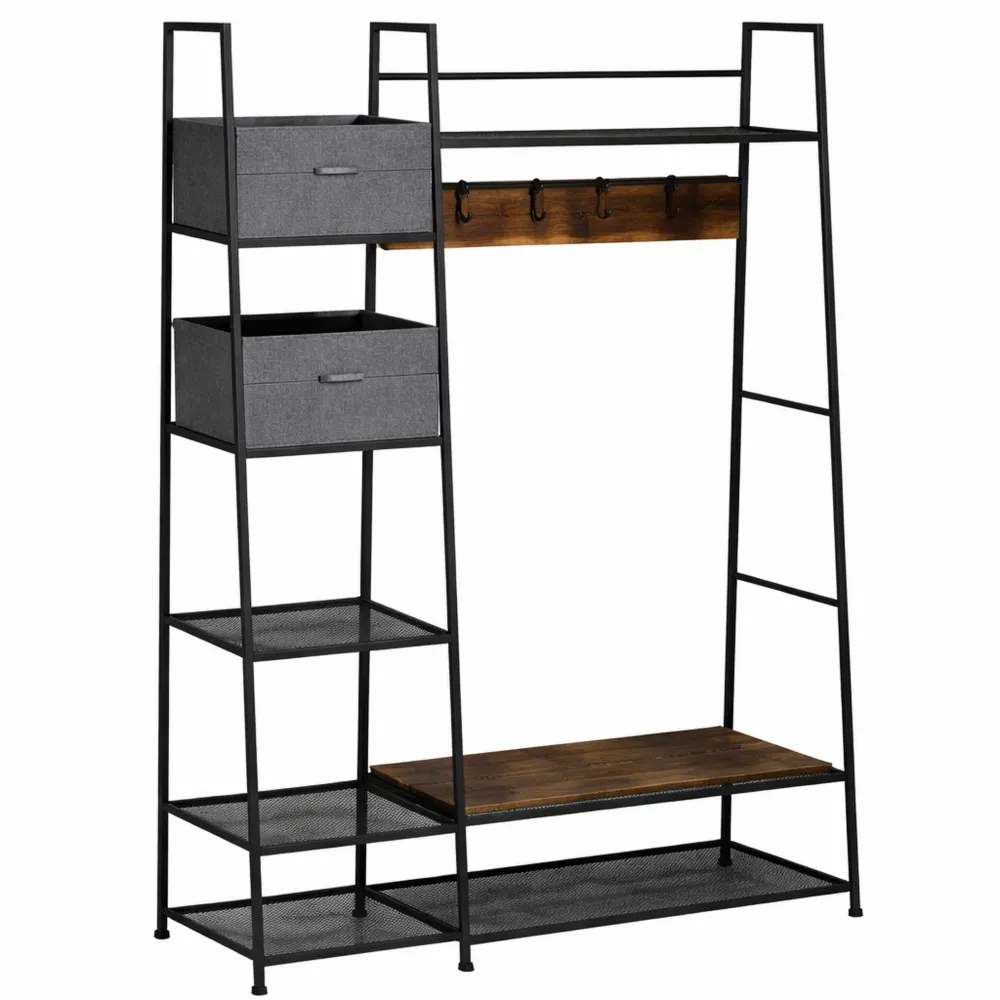 Meuble d'entrée industriel avec banc à chaussures et étagères