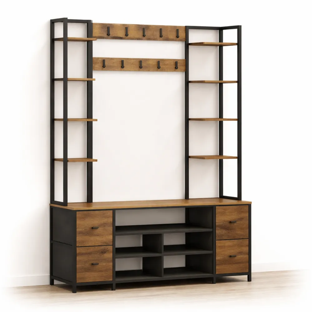 Meuble d'entrée avec banc à chaussures et étagères industrielles