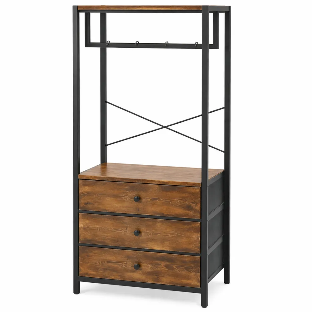 Portant à Vêtements Autoportant avec Tiroirs et Tringle, Organisateur pour Entrée, Chambre ou Salon, Style Vintage Marron 39x29x179CM