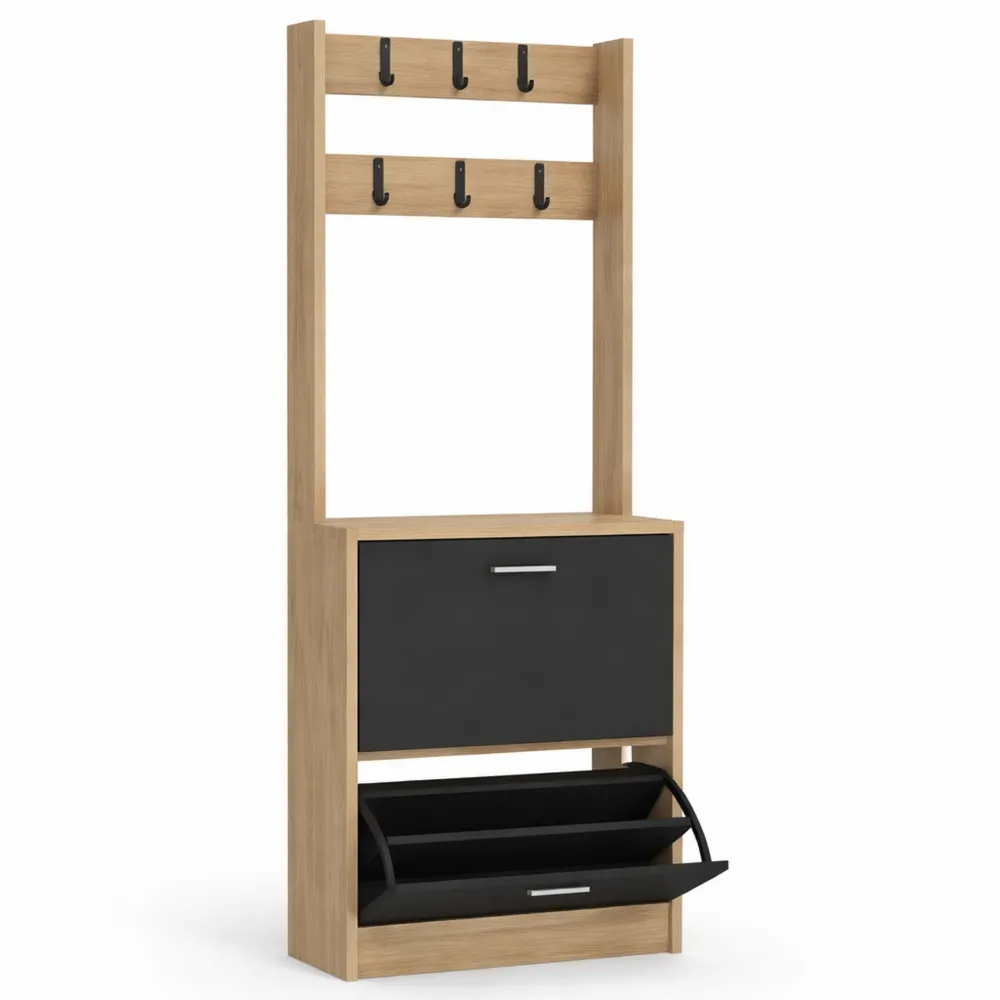 Meuble à Chaussures d'Entrée, 2 Portes, Effet Bois et Noir