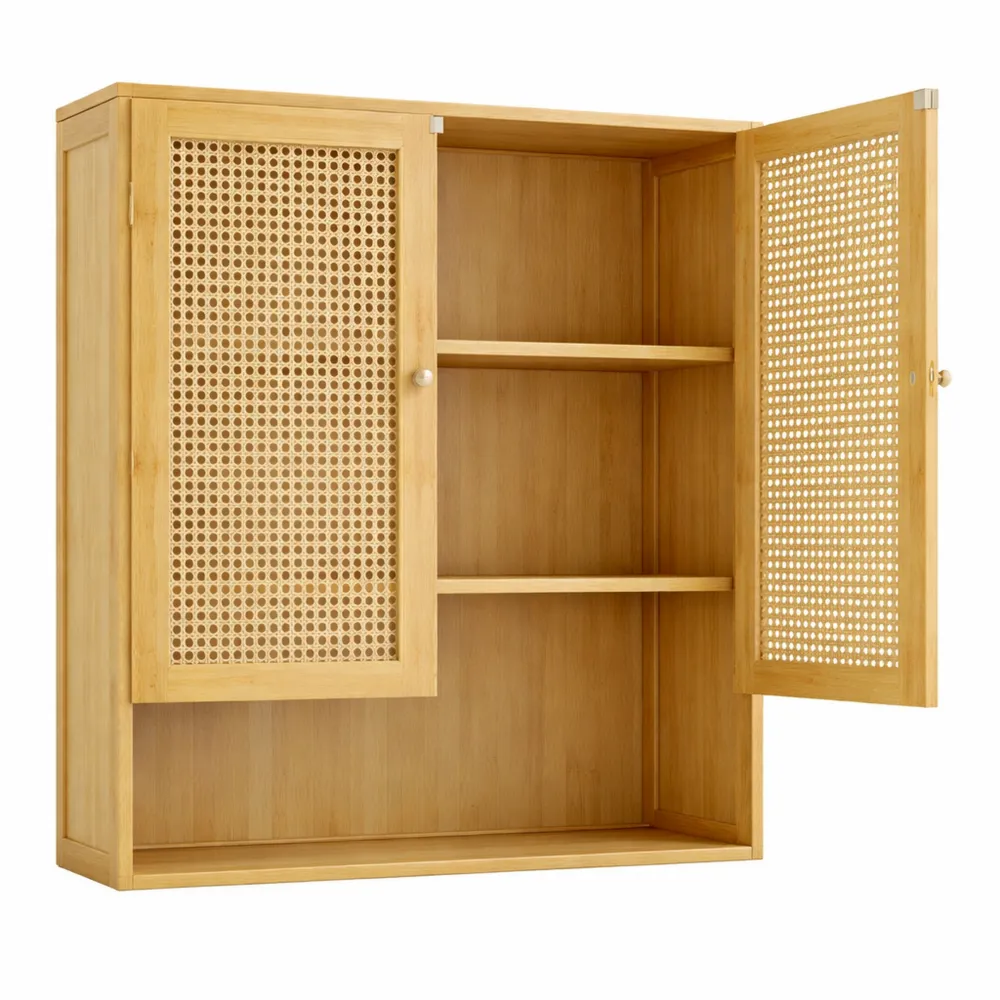 Armoire Murale en Bambou avec Étagère Réglable et Portes en Rotin