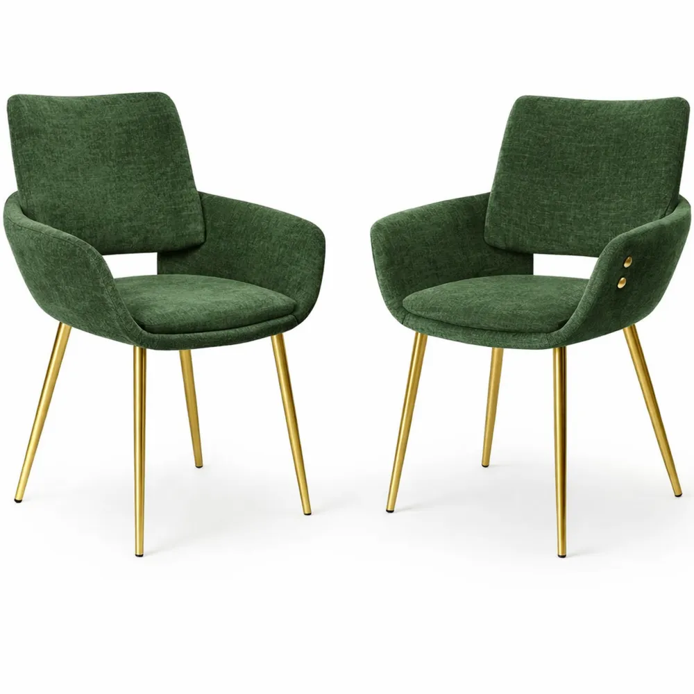 Lot de 2 chaises avec accoudoirs en tissu vert et pieds dorés