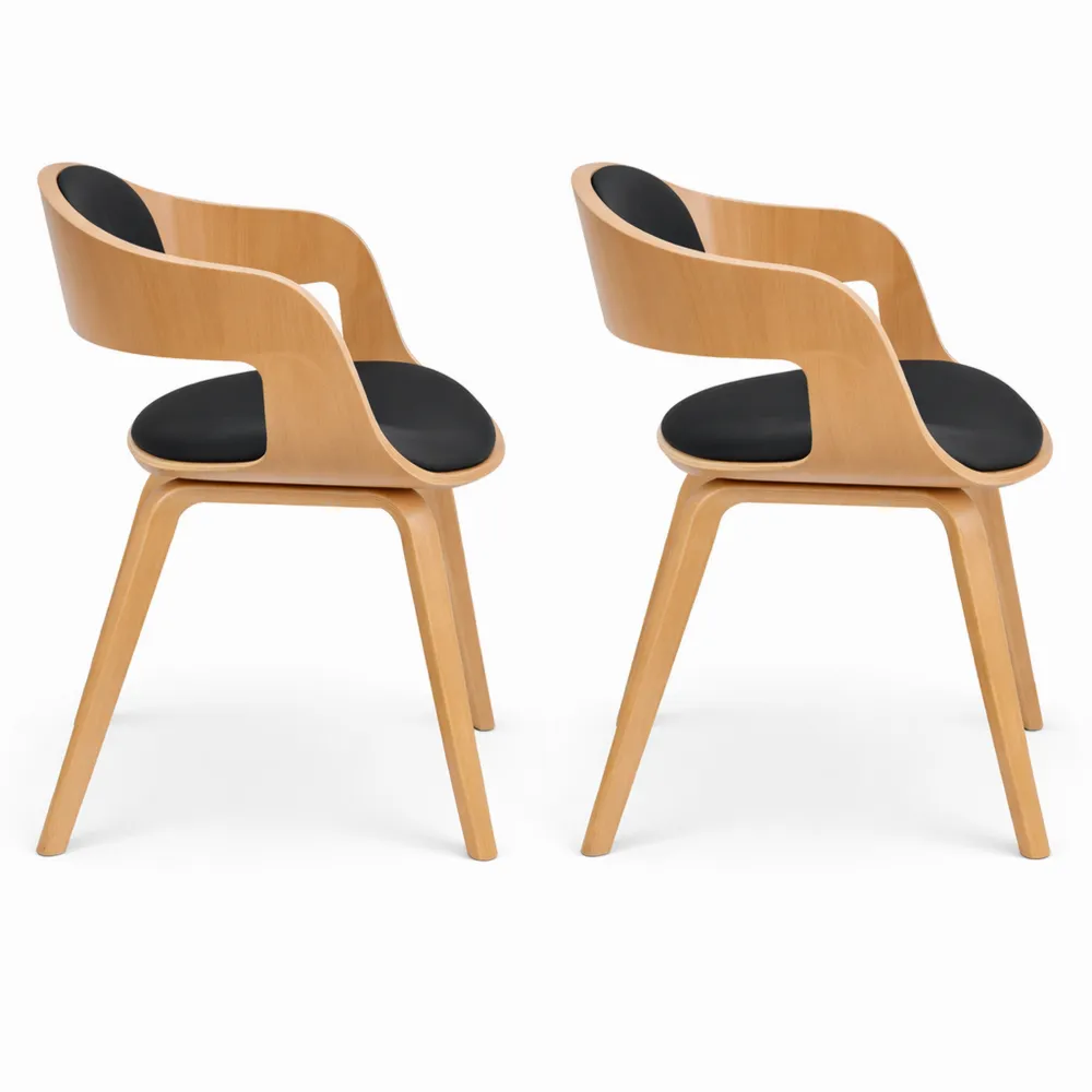 Set de 2 chaises ergonomiques en simili cuir et bois, dossier rembourré, capacité de 150 kg, nature/noir
