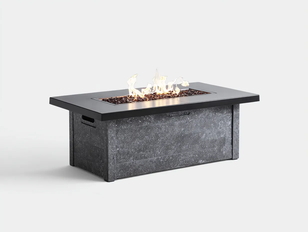 Table brasero de jardin rectangulaire en aluminium noir et base minérale grise 135x70x48 cm - foyer central décoratif - style contemporain-Nookmybase