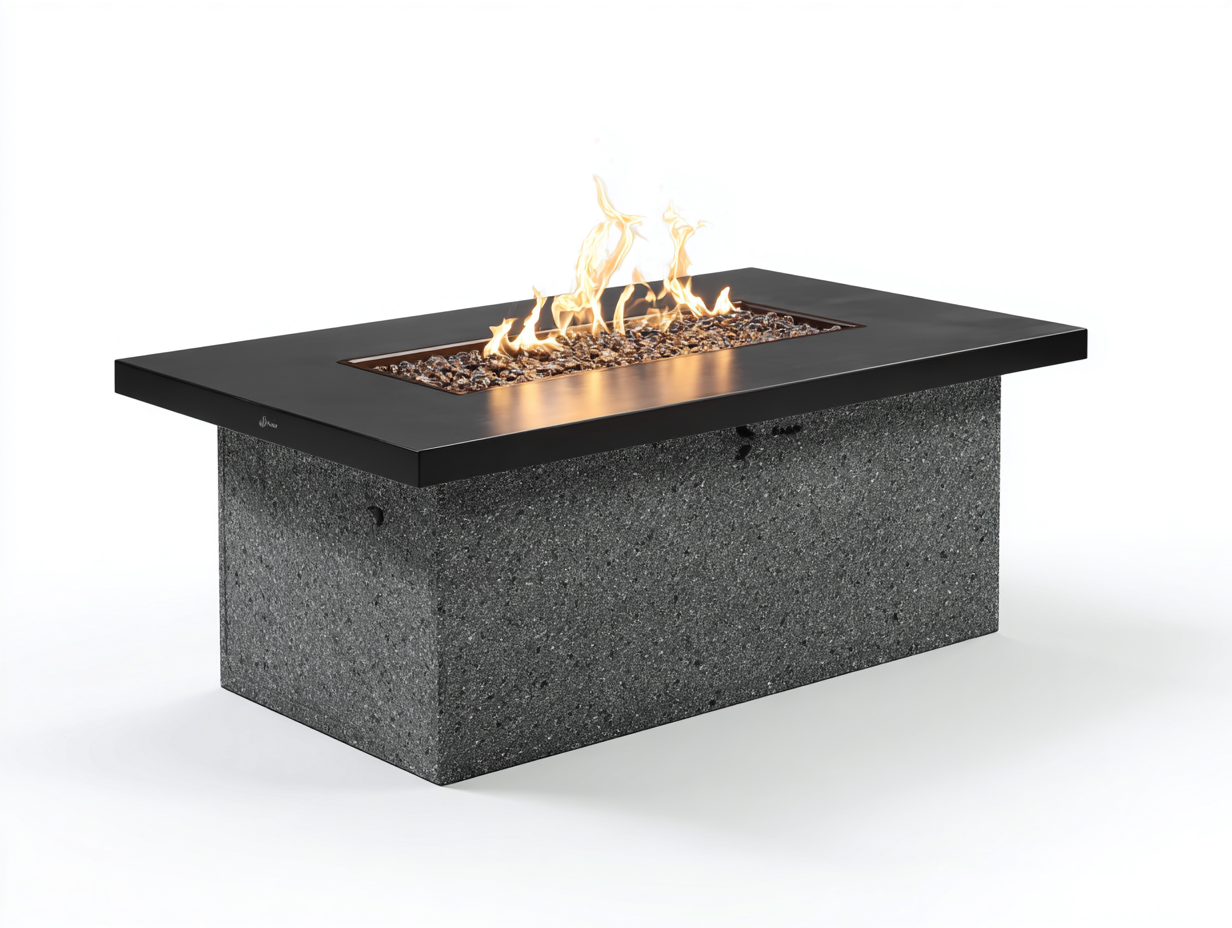 Table brasero de jardin rectangulaire en aluminium noir et base minérale grise 140x75x48 cm - foyer central décoratif - style contemporain-Nookmybase