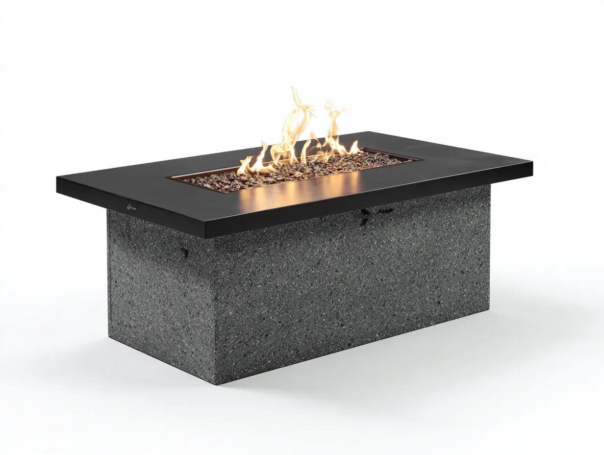 Table brasero de jardin rectangulaire en aluminium noir et base minérale grise 140x75x48 cm - foyer central décoratif - style contemporain-Nookmybase