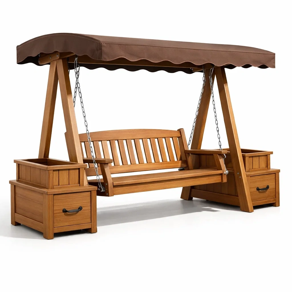 Hollywoodschaukel holz mit metallketten und polyester sonnendach braun-nesthavenstyle