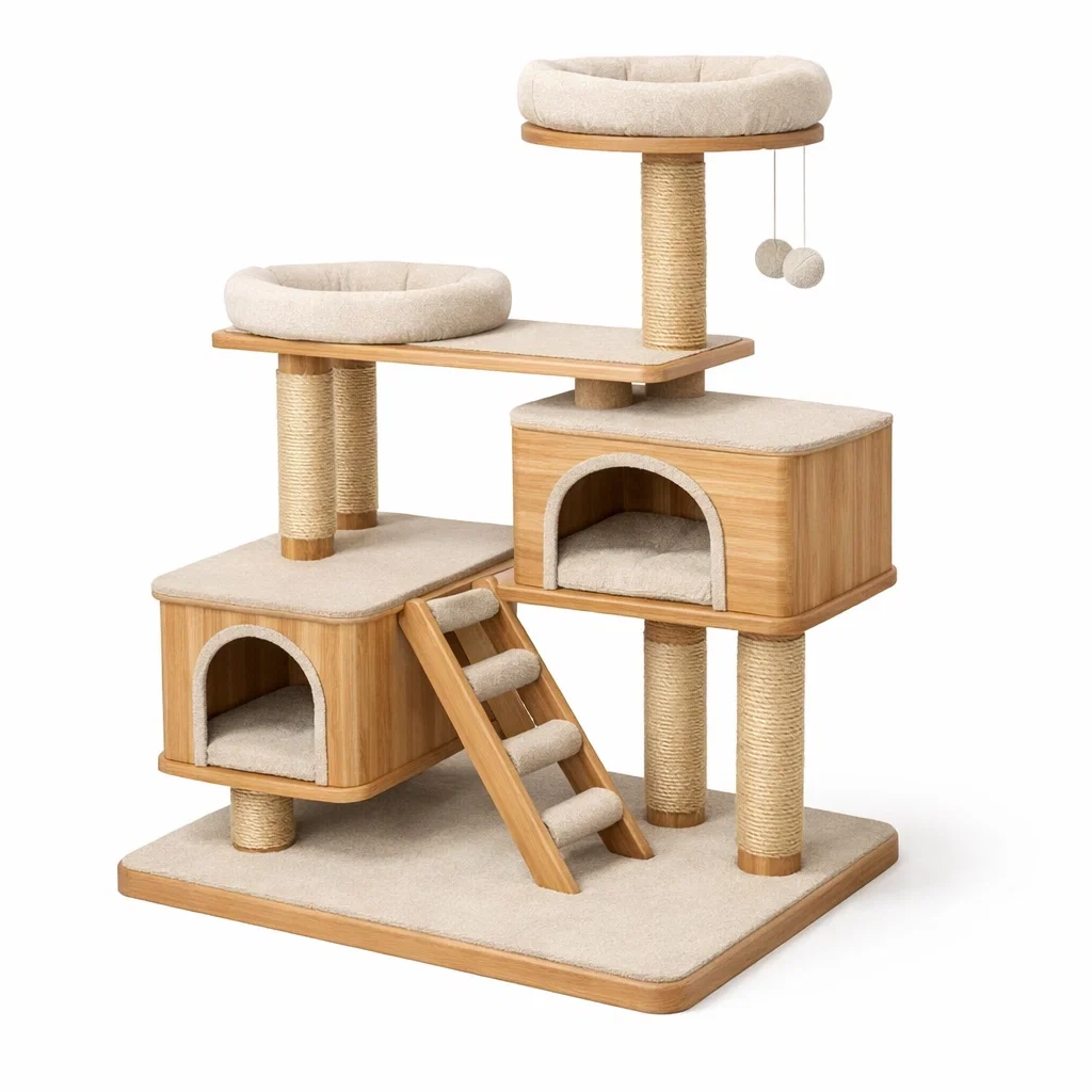 Kratzbaum holz plüsch beige-nesthavenstyle