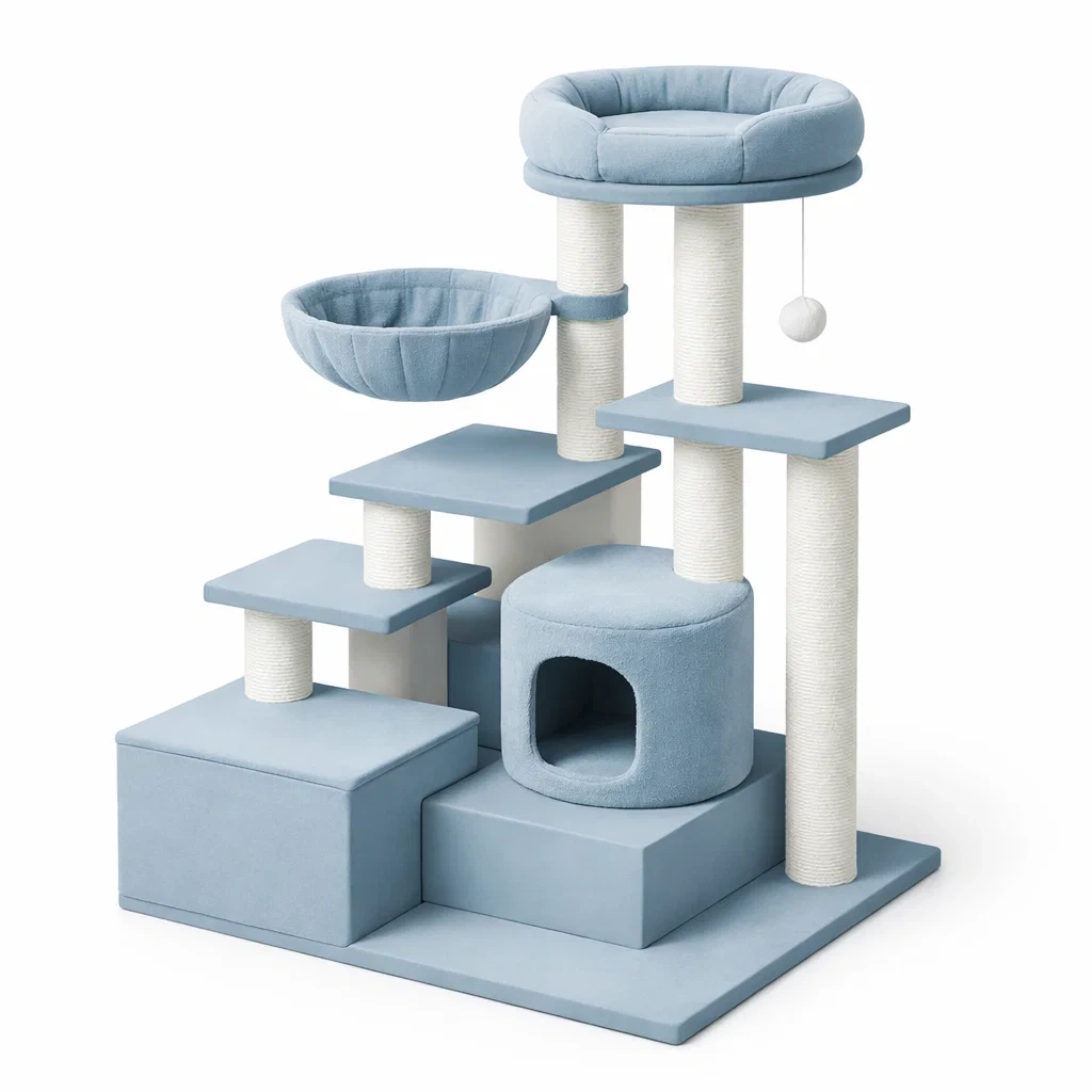 Kratzbaum holz plüsch hellblau 120x60x40 cm-nesthavenstyle