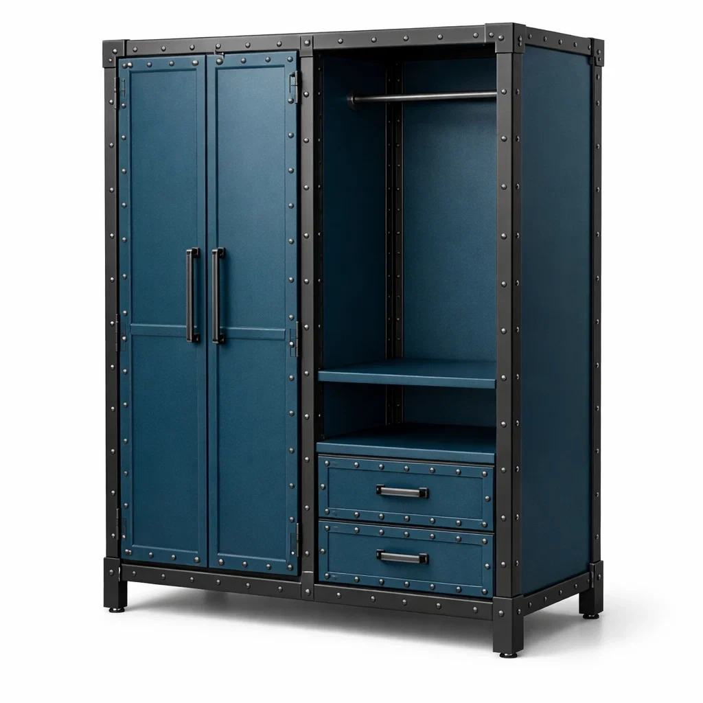 Kleiderschrank metallrahmen blau mit mikrofaser schubladen und kleiderstange-homecomforty