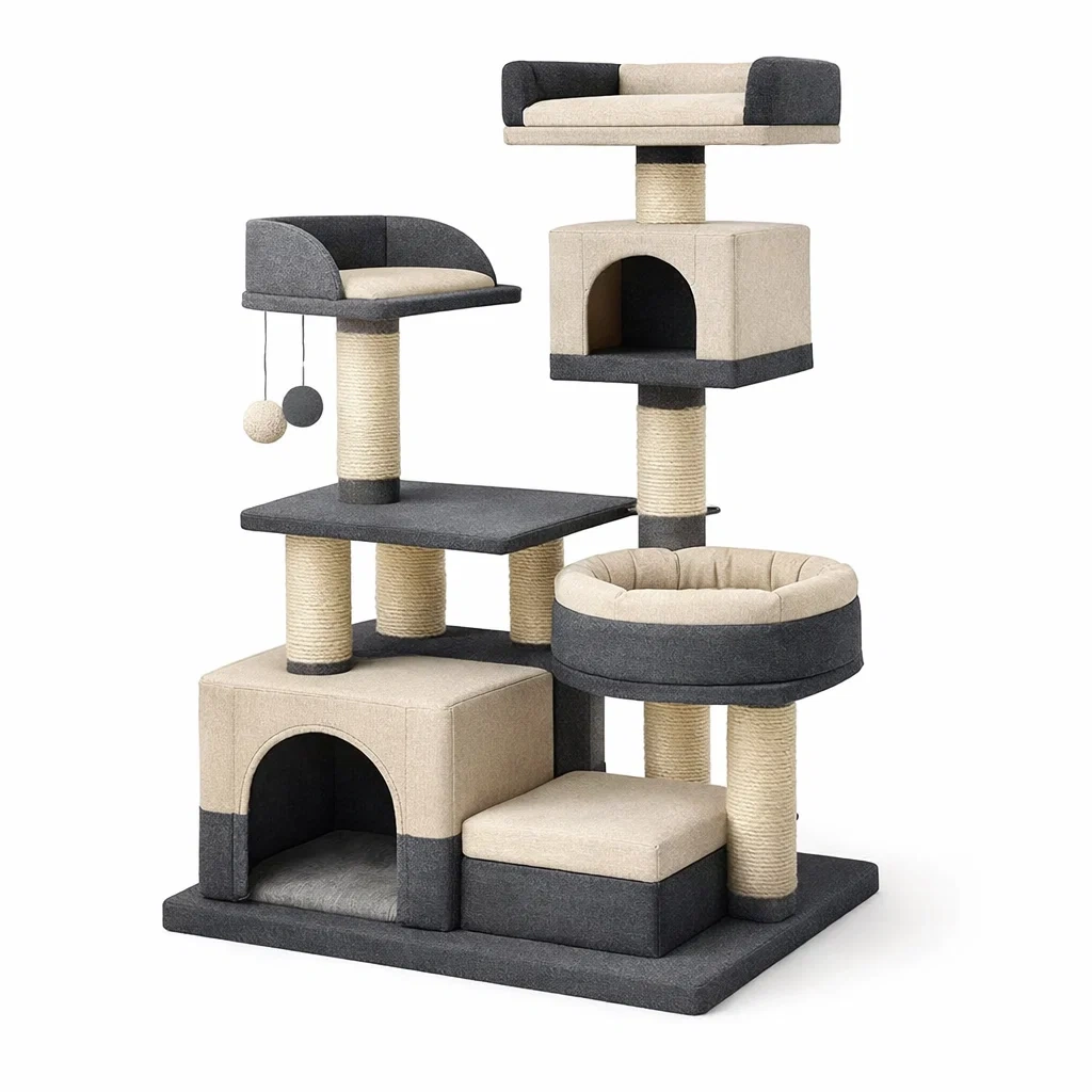 Kratzbaum mdf polyester sisal beige grau-homecomforty