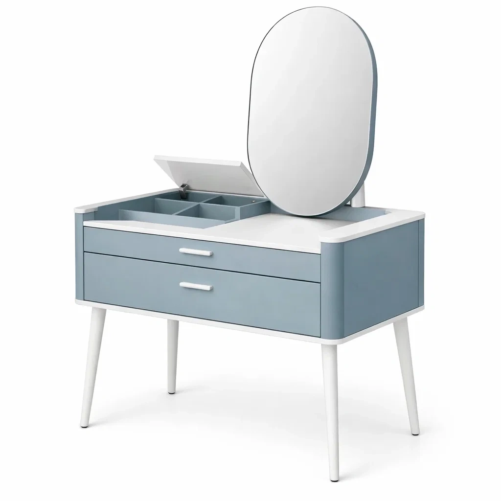 Schminktisch holz metall blau weiß mit spiegel und schubladen-homecomforty