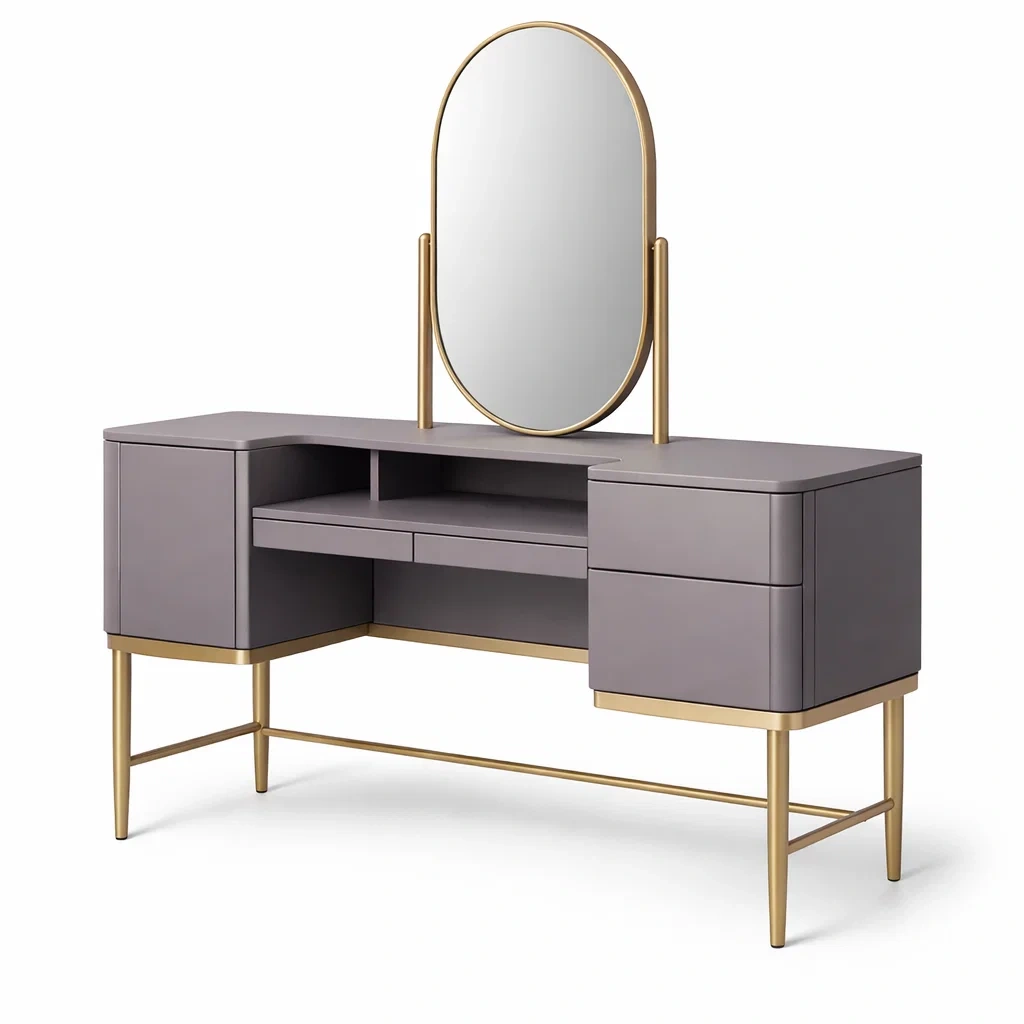 Schminktisch mdf metall grau gold mit ovalem spiegel 120x40x145 cm-homecomforty