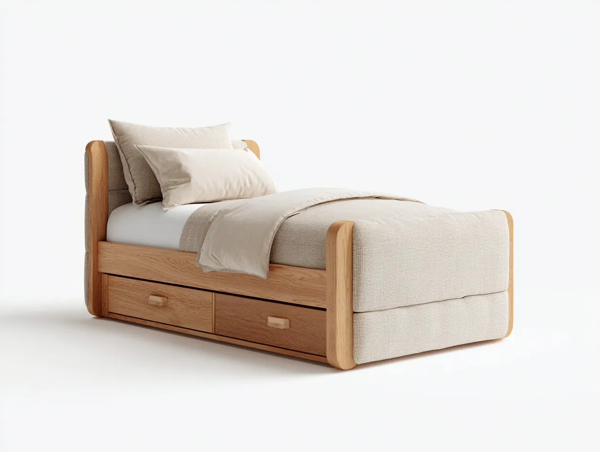 Einzelbett-Holz-Stoff-205 x 98 x 95 cm-Beige-Naturholz-Moderner Stil-Homigethut