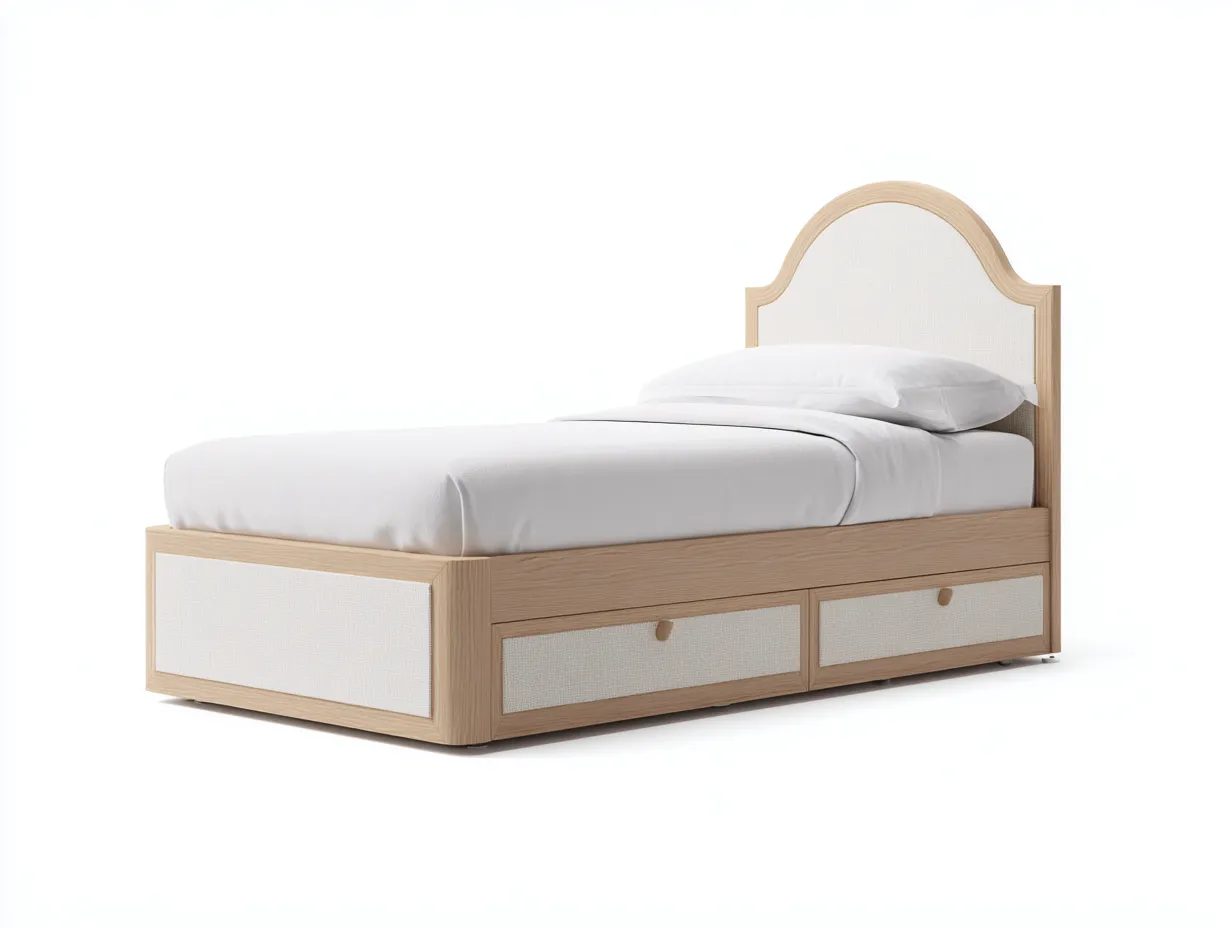 Einzelbett-Holz-Stoff-208 x 100 x 103 cm-Beige-Naturholz-Skandinavischer Stil-Homigethut