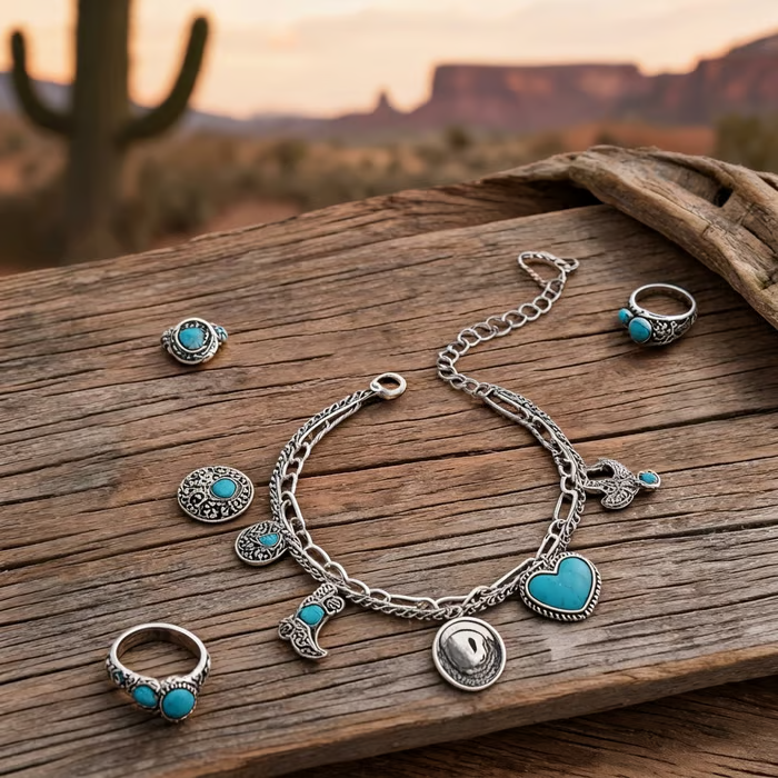🏇🤠Handmade Western Cowboy Charm Bracelet with Boot Hat Cactus & Heart Charms🌵