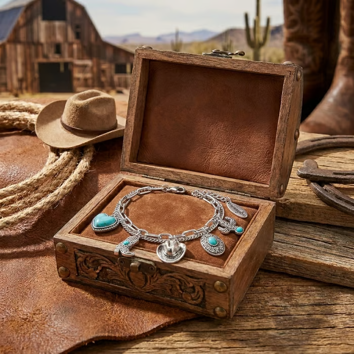 🏇🤠Handmade Western Cowboy Charm Bracelet with Boot Hat Cactus & Heart Charms🌵