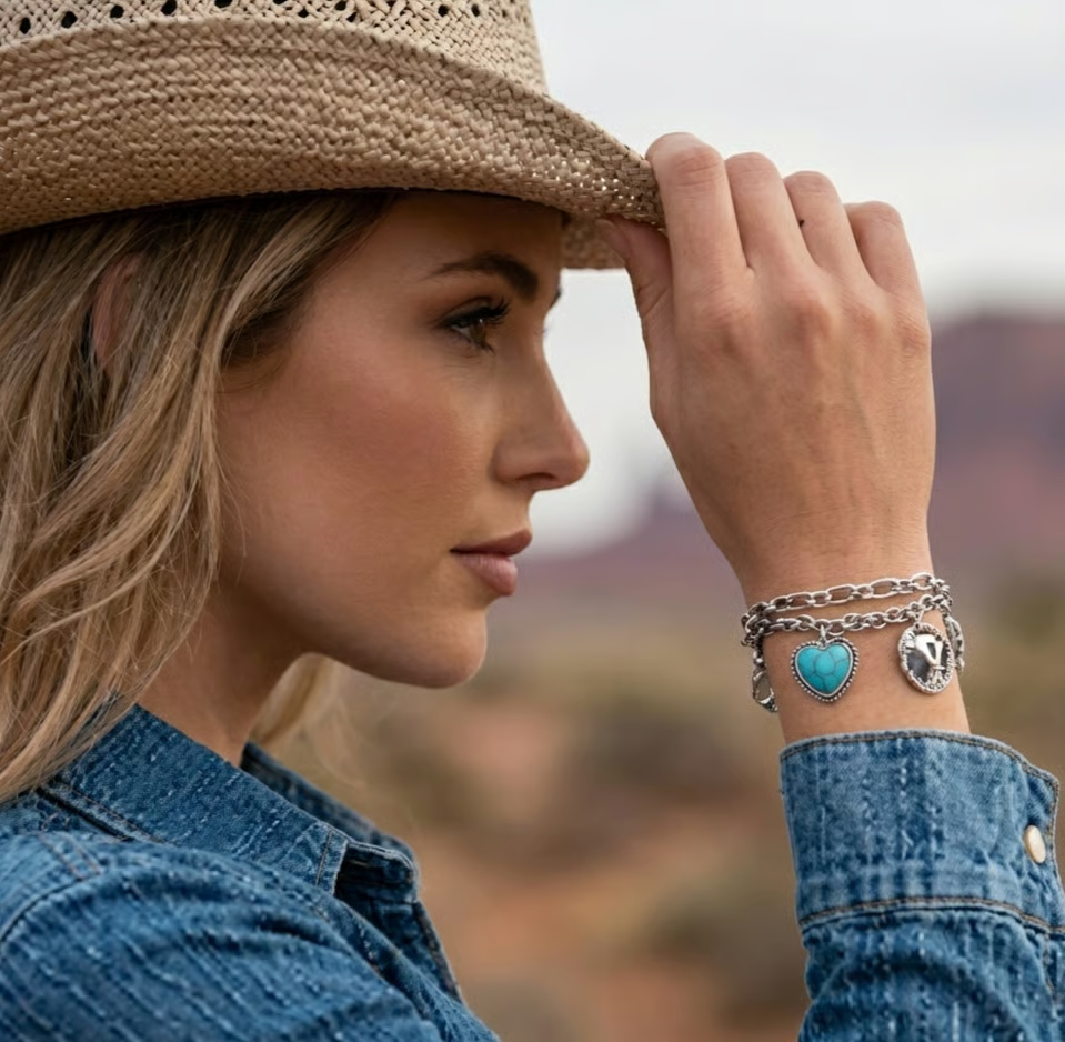 🏇🤠Handmade Western Cowboy Charm Bracelet with Boot Hat Cactus & Heart Charms🌵