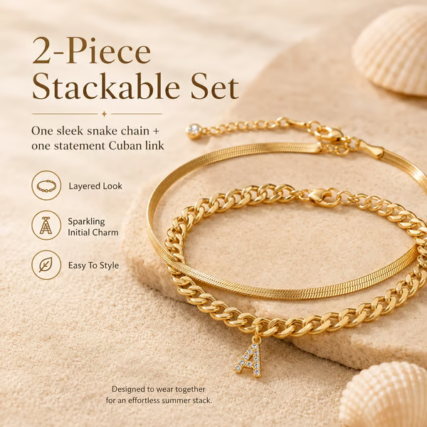 ✨ Gold Initial Anklet – 14K Gold Plated, Waterproof Adjustable Letter Pendant, Stackable Beach Jewelry
