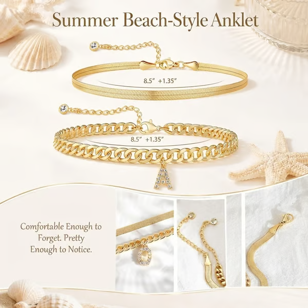 ✨ Gold Initial Anklet – 14K Gold Plated, Waterproof Adjustable Letter Pendant, Stackable Beach Jewelry